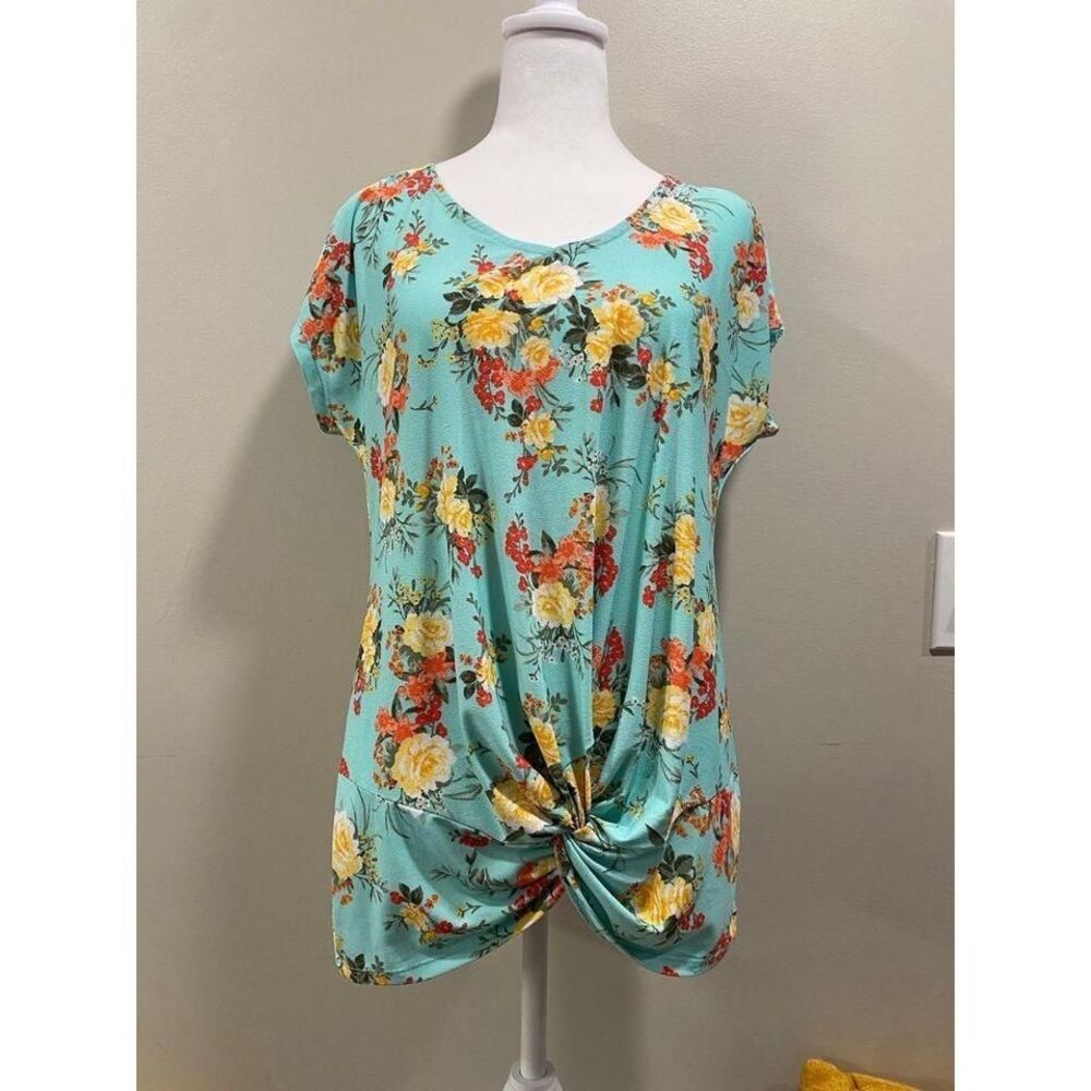 Bobbie Brooks Floral Twist Front Lace Yoke Knit Top Aqua Blue Yellow Medium
